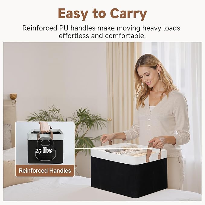 StorageWorks Storage Bins, Fabric Storage Bins for Shelves, Large Storage Baskets with Metal Frame, Closet Baskets and Bins with Handles, Black and White, 2-Pack