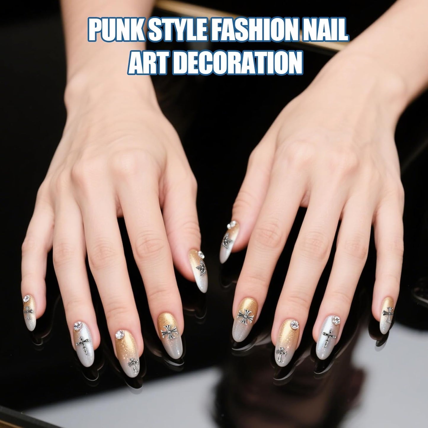 Artdone Nail Art Studs Kit, 3D Silver Cross Nail Charms and Star Gems Bulk Nail Jewels Shiny Crosses for DIY Professional Manicures Decoration