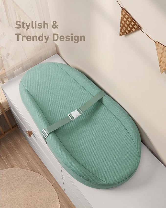 Blissful Diary Baby Changing Pad with Waterproof Lining Foam, Includes a Soft & Washable Cover, Contoured Changing Table Pads for Dresser Top with Non-Slip Bottom, 32”×16” (Green, Avocado)