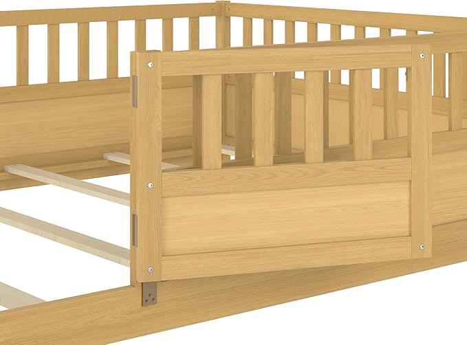 Bellemave Full Floor Bed with Slats, Full Size Floor Beds with High Fence and Door, Montessori Floor Bed Frame, No Box Spring Needed, Easy Assemble Montessori Bed, Natural