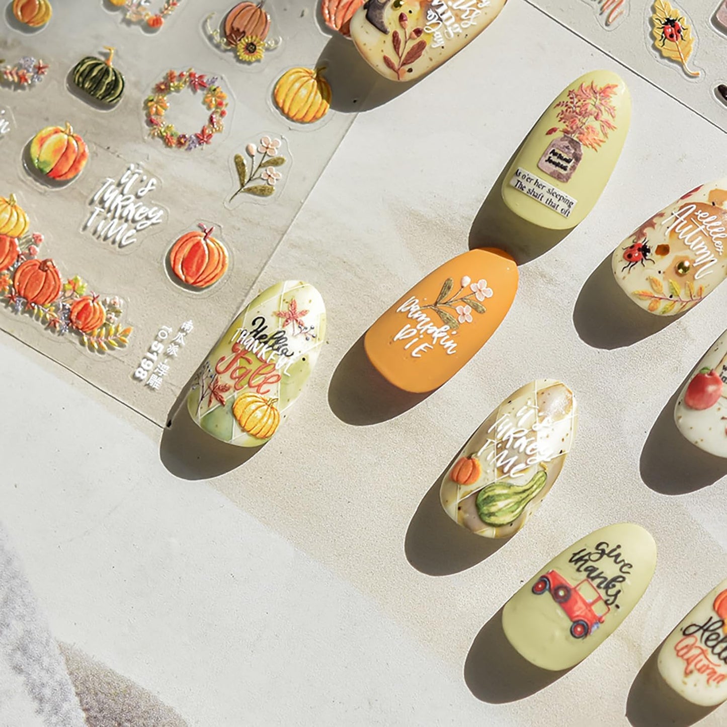 1 Sheets Embossed Pumpkin Nail Decals for Nail Art Thanksgiving Day Fall Nail Stickers 5D Self-Adhesive Autumn Leaf Nail Art Stickers Cute Pumpkins Nail Decal for Women DIY Manicure Decor