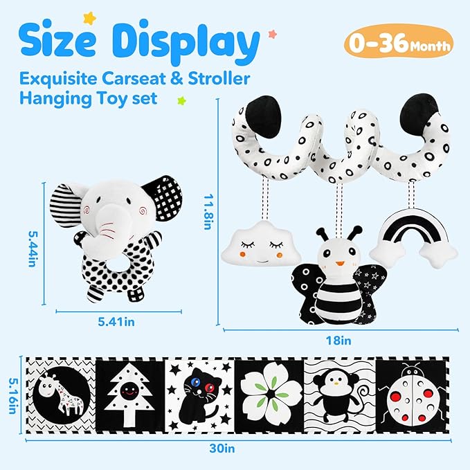 TSYAN High Contrast Baby Toys for Babies 0-6 Months, Black and White Baby Sensory Toys with Car Seat Toys,Infant Toys with Black White Book, Hanging Rattle Toys for Baby Gifts