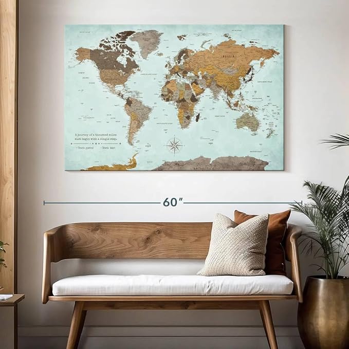 ElephantStock - A Thousand Miles World Push Pin Map Wall Art - Horizontal Canvas Wall Art - Living Room Wall Decor - Printmaking Map Canvas Art - Blue And Brown Decor - 51" x 34"