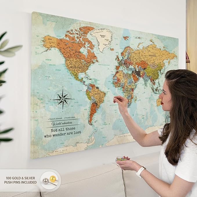 ElephantStock - Personalized Wanderer Push Pin World Map Wall Art - Horizontal Canvas Wall Art - Living Room Wall Decor - Digital Art Map Canvas Art - Orange And Blue Decor - 48" x 32"
