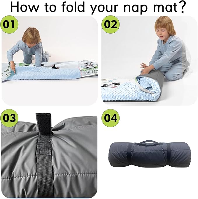 Personalized Toddler Nap Mats for Preschool, Custom Name Kids Sleeping Bag for Daycare, Roll Up Sleeping Mat with Removable Pillow and Soft Dot Minky Blanke for Boys Camping Travel