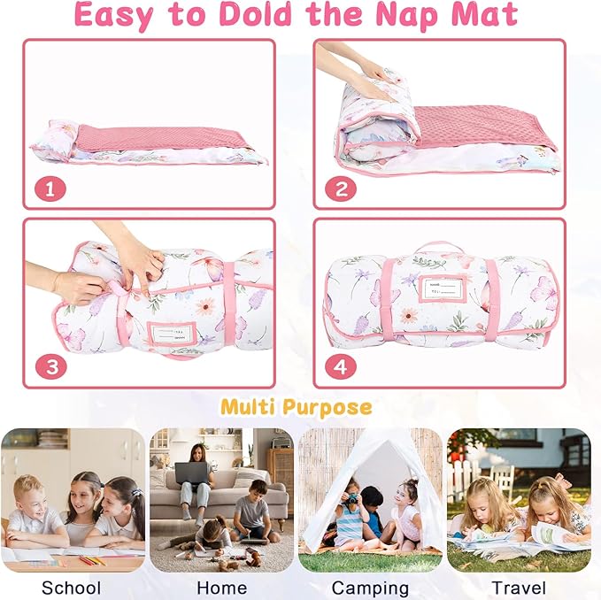 Pea Pod Toddler Nap Mat with Pillow & Fleece Blanket Ultra Soft Kids Rolled Napping Mats for Daycare, Preschool-Kindergarten, Slumber Bags for Boys Girls, Fits Ages 3-7 Years, Butterfly