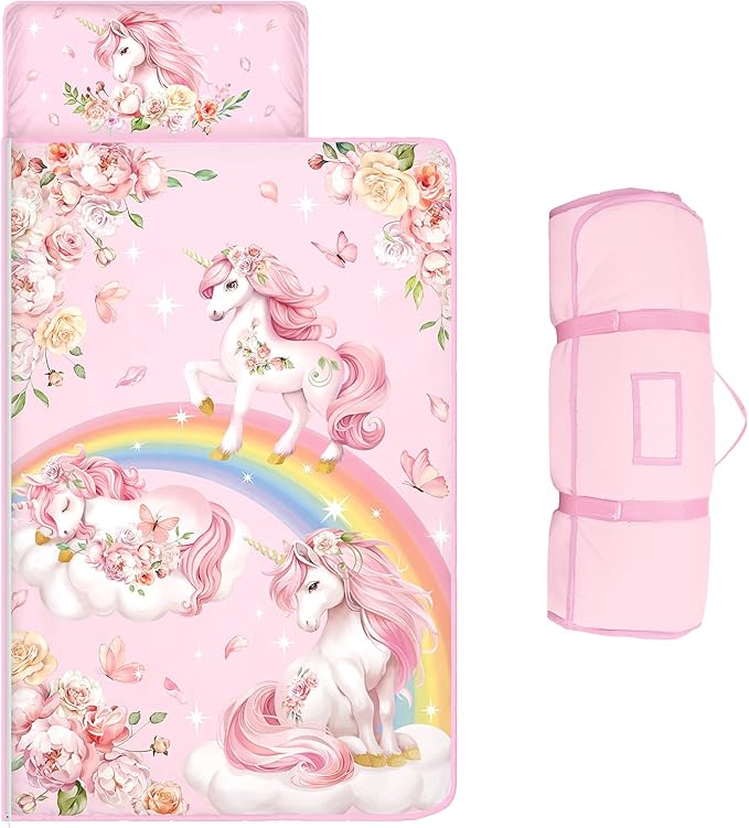 Toddler Nap Mat Kids Sleeping Bag 59"×24", Soft Slumber Bag with Removable Pillow and Blanket for Kids Girls Boys,Roll Up Sleeping Mat Thick for Camping,Daycare, Kindergarden
