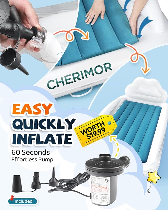 Toddler Air Mattress with Electric Pump, Inflatable Toddler Travel Bed with Safety Sides, Portable Kids Blow Up Mattress for Travel, Camping Grandma Sleepovers Playing Air Bed, Gift for Kids