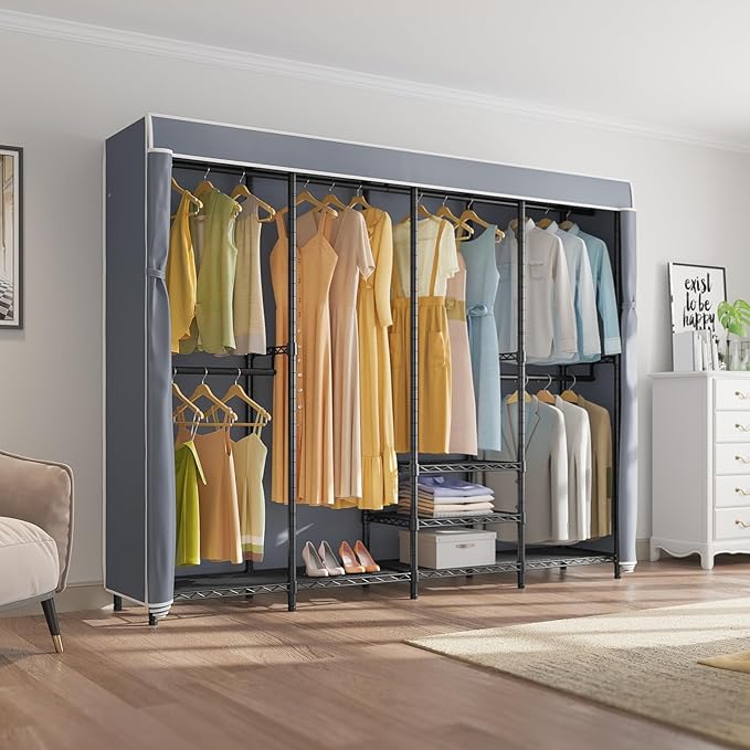 VIPEK V40C Covered Clothes Rack Heavy Duty Clothing Rack with Cover, Custom Freestanding Closet Portable Wardrobe Closet for Bedroom, Large Black Coset Rack with Grey Oxford Fabric Cover