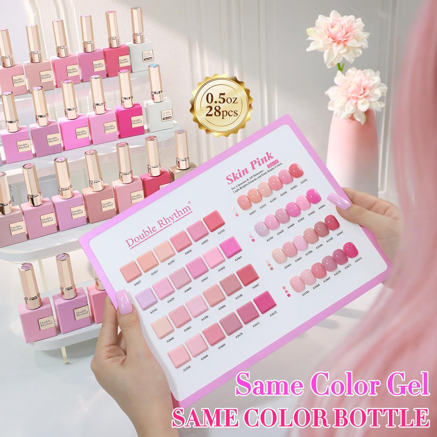 Double Rhythm 28Pcs 0.5Oz Gel Nail Polish Set Same Color Same Bottle Soak Off Gel Polish Kit Nail Art Manicure Salon DIY at Home for Women (Neutral Skin Pink Nude Collection-T24-12)