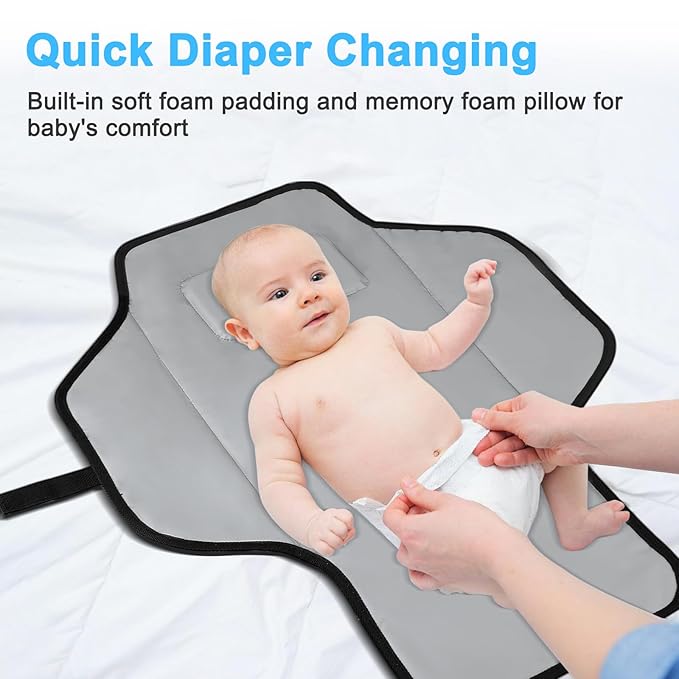 Portable Changing Pad Travel - Waterproof Compact Diaper Changing Mat with Built-in Pillow - Lightweight & Foldable Changing Station