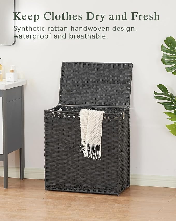 Laundry Hamper with Lid Wicker Laundry Basket 112 L (29.6 Gal) Laundry Hampers Handwoven Rattan Clothes Hamper with Handles 3 Removable Liner Bag, 6 Mesh Bags for Bathroom Bedroom Black