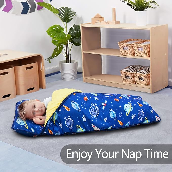 Primlect Thickened Toddler Nap Mat with Removable Pillow and Minky Blanket, Extra Large 55''x35'' Sleeping Bag, Washable, Roll up, Perfect for Daycare, Preschool, Kindergarten, Boys and Girls (Space)