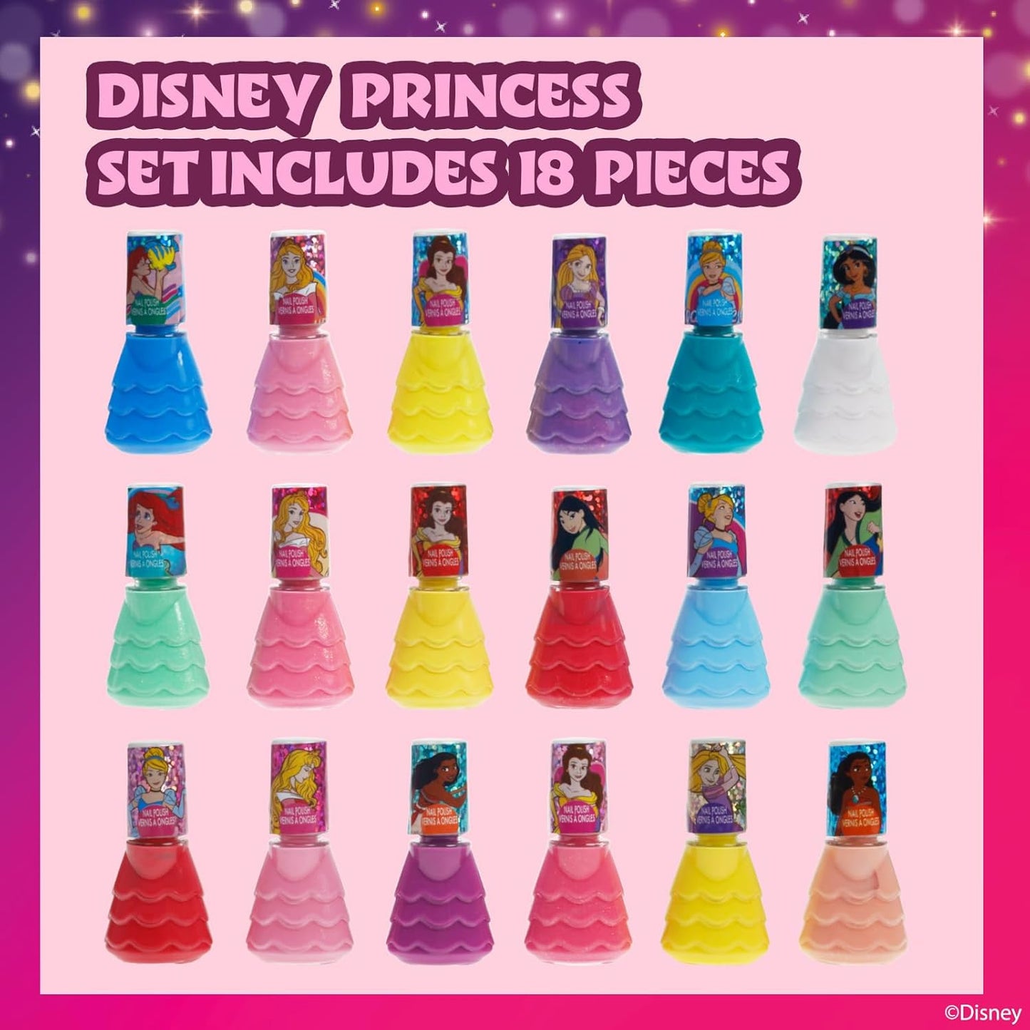 Townley Girl Disney Princess Castlebox Non-Toxic Peel-Off Water-Based Natural Safe Quick Dry Nail Polish | Gift Kit Set for Kids Girls, First Princess | Opaque Colors, Ages 3+ (18 Pcs)