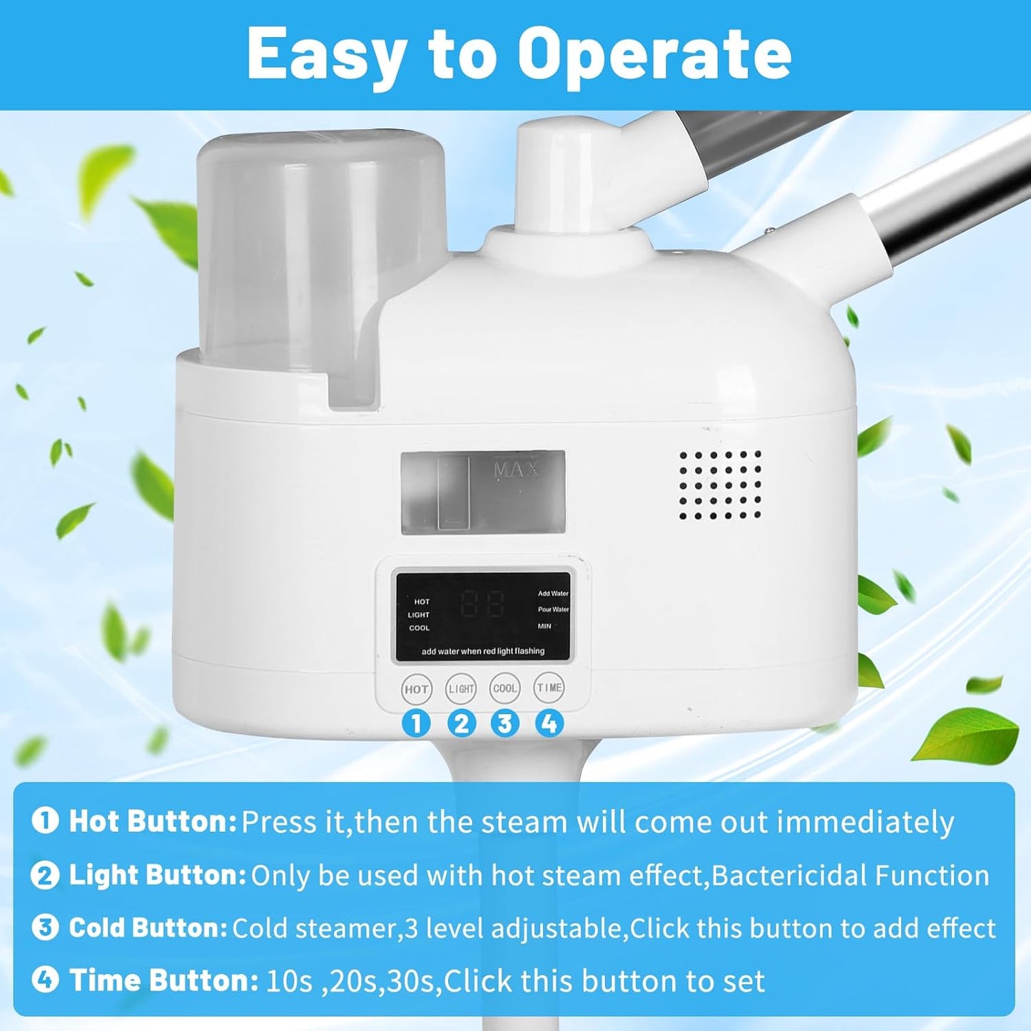 Pro Rolling Facial Steamers for Face Professional 3 in 1 Facial Steamer Humidifier with 5X Mag Lamp,Face Steamer Standing Warm Cold Mist Digital LCD Screen for Home Salon Spa