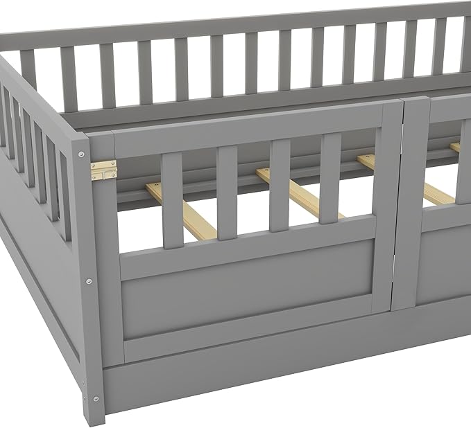 Twin Size Floor Bed with High Fence, Door and Slats, Twin Floor Bed with Slats(Gray Twin)