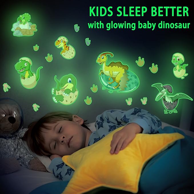 Glow in The Dark Dinosaur Wall Decals for Kids Room, Removable Footprints Baby Nino Vinyl Stickers, Nursery Decoration Classroom Gift for Boy Toddlers