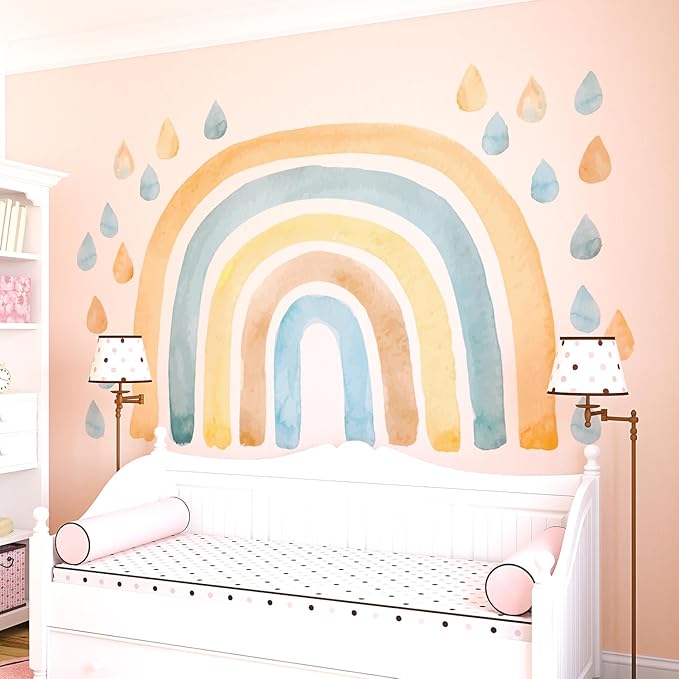 Large Watercolor Rainbow Wall Decals, Raindrops Peel and Stick Fabric Nursery Wall Decor, Removable Home Room Wall Decor Murals Stickers for Kids Girls Toddler Bedroom Living Room Playroom