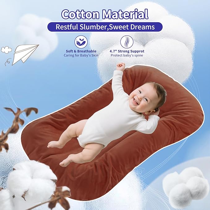 Baby Lounger 0-24 Months 100% Cotton-Snuggle Cozy Me Lounger,Soft & Breathable Tummy Time Mat for Newborn Infant Play Mat,Babies Essentials Gifts,Coffee(Lounger Cover Included)