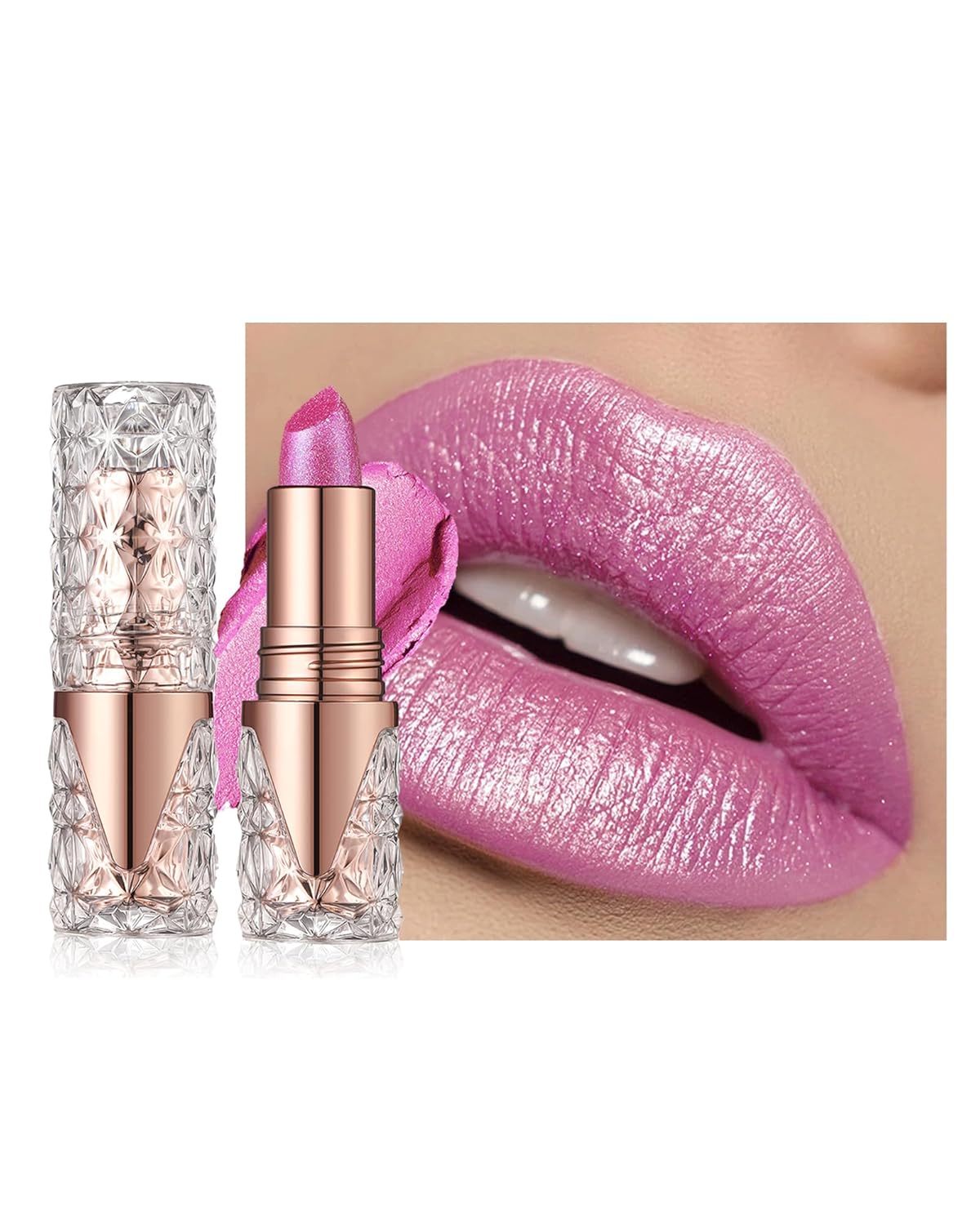 Metallic Glitter Pink Lipstick Long Lasting,Diamond Shimmer Liquid Lipstick Transfer Proof Non-Stick Nude Lip Gloss,High Pigmented Lip Color Creamy Lip Stick Makeup for Women-04