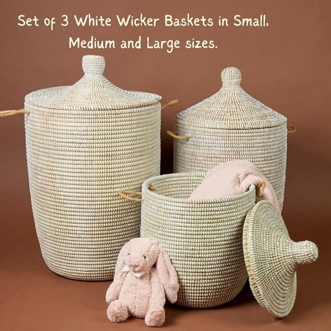 Tall Large Decorative Wicker Storage Basket with Lid, Laundry Hamper, Blanket Storage, Toys Bin, Clothes Holder, Boho Style (White)