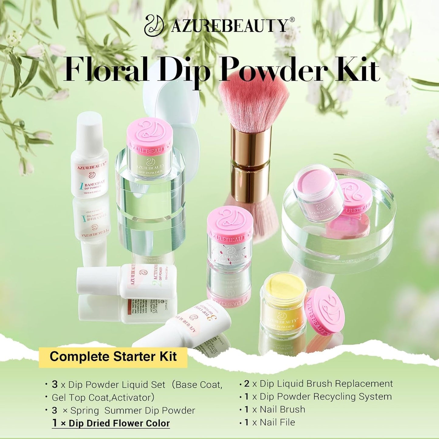 AZUREBEAUTY Dip Powder Nail Kit Bright Yellow with Base Top Coat Activator Dried Flowers for French Nails Art Manicure DIY Salon