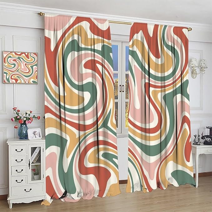 70S Abstract Wavy Swirl Curtain for Bedroom Windows,Retro Boho Minimal Teen Girls Kids Living Room Restroom Window Treatments Drapes 63"" W X 63"" L, Style-4