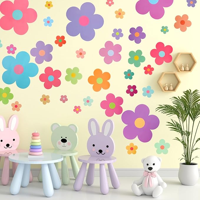 9 Sheets Colorful Daisy Wall Stickers, Removable Flowers Self-Adhesive Sticker, Cute PVC Floral Wall Decor, Aesthetic Gift for Girls Teen Nursery Bedroom Dorm Kindergarten