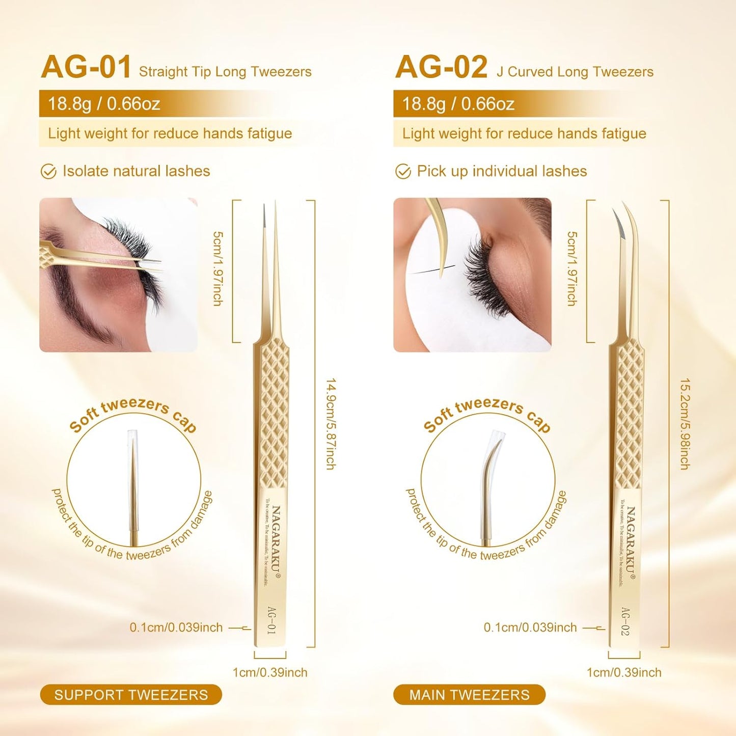 NAGARAKU 1 Pair Precision Fiber Tip Tweezer for Eyelash Extensions Professional Eyelash Tweezers Antistatic Straight & Curved Tip Tweezers with Box(Isolation & Volume Lash Tweezers AG-01 & AG-02)