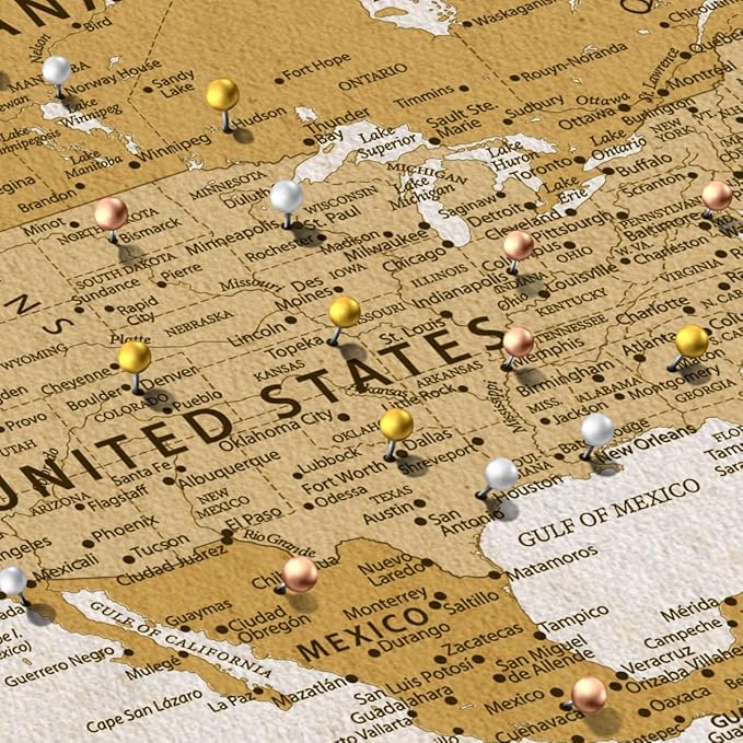 ElephantStock - Personalized Travel Push Pin World Map Wall Art - Horizontal Canvas Wall Art - Living Room Wall Decor - Digital Art Map Canvas Art - Orange And Beige Decor - 48" x 32"