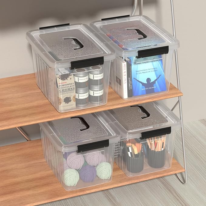 Obstnny 20 L Plastic Storage Box with Handle, 4-Pack Clear Latching Storage Bin