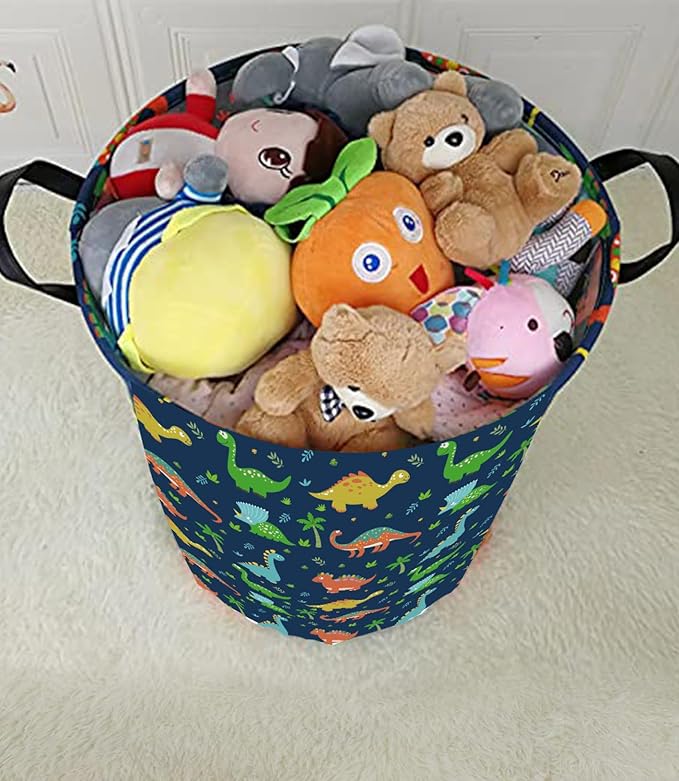 KUNRO Round Dinosaur Laundry Gift Basket Storage Hamper, Kids Toys and Clothes Storage Organizer Bins, Toy Shelf Basket with Handles for Room Decor