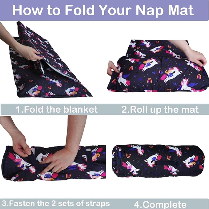 Toddler Nap Mat with Removable Pillow and Blanket, Cot Nap Mats for Daycare Preschool Kindergarten, Roll Up Lightweight Portable Travel Sleeping Bag, Black