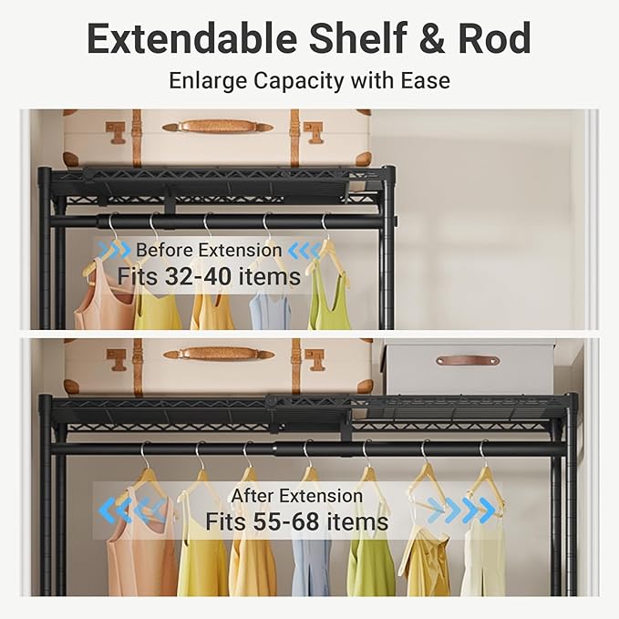 VIPEK X1 Plus Expandable Reach-in Closet Adjustable from 2'8" to 4'6" with Adjustable Shelves and Hanger Rods Clothes Rack Heavy Duty, Metal Clothing Racks Portable Walk-in Closet, Black