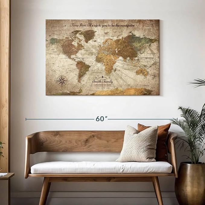 ElephantStock - Personalized Be The Navigator I Push Pin World Map Wall Art - Horizontal Canvas Wall Art - Living Room Wall Decor - Digital Art Map Canvas Art - Brown And Beige Decor - 45" x 30"