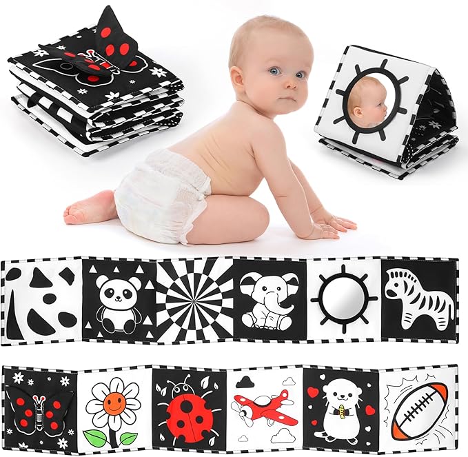 High Contrast Baby Book with Tummy Time Mirror & Contrast Cards | Black and White Visual Stimulation for Newborns 0-6 Months & Infants | Interactive Learning Gift, Baby Shower Essential