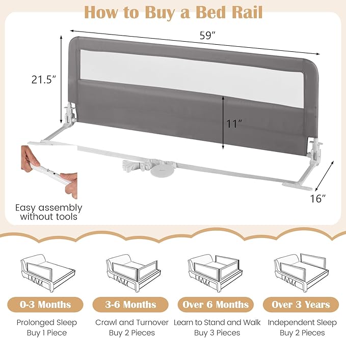 HONEY JOY Bed Rail for Toddlers, 59-in Extra Long, Portable Safety Bed Guardrail w/Double Safety Child Lock, Foldable Baby Bed Rail Guard, Fit King & Queen Full Twin Size Bed Mattress (1 Pack, Gray)
