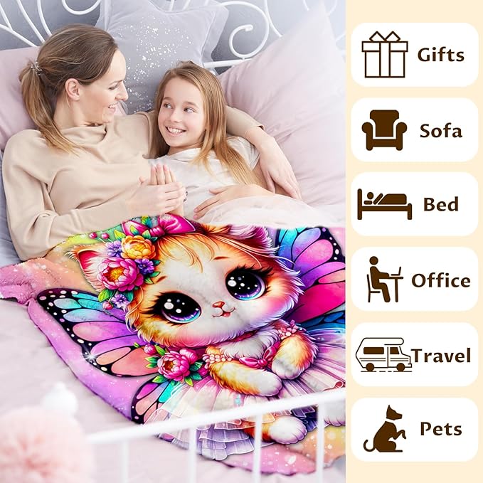 Girls Cat Blanket, Throw for Toddler Kids Daughter Cat Lovers 30x40 Inches Soft Cozy Rainbow Print Throw Blankets for Sofa Couch Bed Travel Cute Birthday Gift