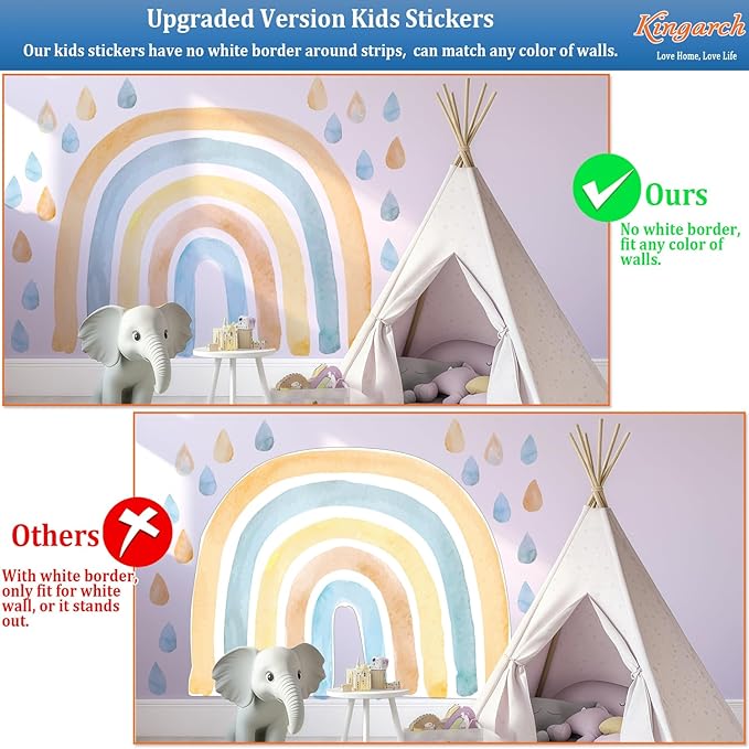 Large Watercolor Rainbow Wall Decals, Raindrops Peel and Stick Fabric Nursery Wall Decor, Removable Home Room Wall Decor Murals Stickers for Kids Girls Toddler Bedroom Living Room Playroom