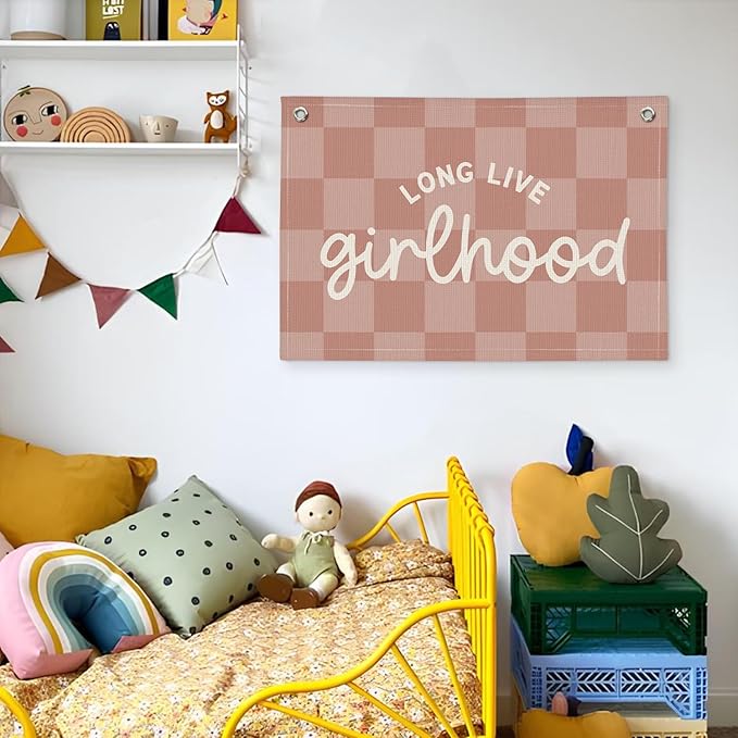 "Long Live Girlhood" Linen Canvas Wall Hanging 20x30 Inch - Pink Buffalo Check Girls Nursery & Toddler Room Decor, Banner Flag for Playroom Wall Art