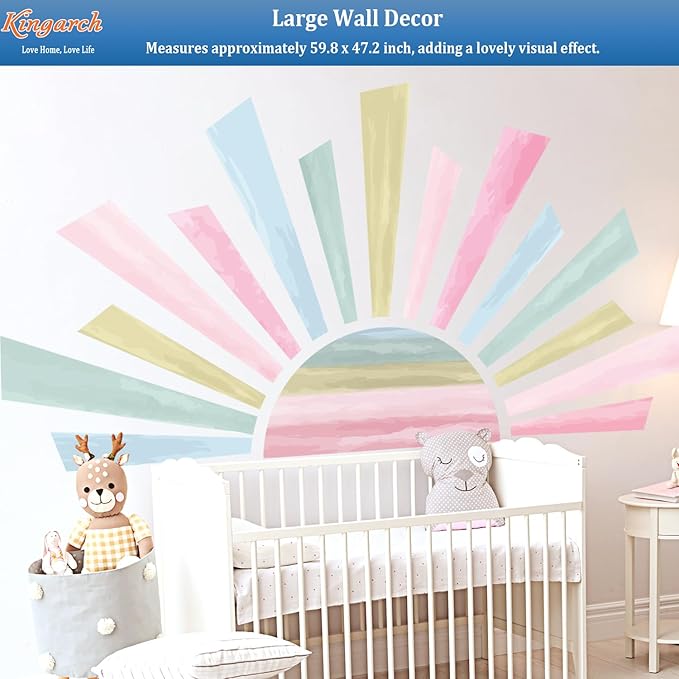 Large Boho Half Sun Wall Decals, Sunshine Peel and Stick Fabric Nursery Wall Decor, Removable Home Room Decor Murals Stickers for Kids Girls Toddler Bedroom Living Room Playroom