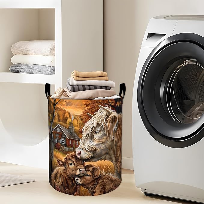 Rustic Highland Cow with Calf Laundry Basket with Handles, 19.7"x15.7" Clothes Foldable Cows Laundry Hamper Organizer for Dorm Nursery Bedroom Bathroom Decor, Toy Storage Bin for Kids