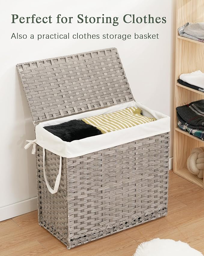 Laundry Hamper with Lid Laundry Basket 132 L (35 Gal) Wicker Clothes Hamper, Handwoven Rattan Hamper with Handles and 4 Removable Liner Bags, 6 Mesh Bags for Laundry Bedroom Gray