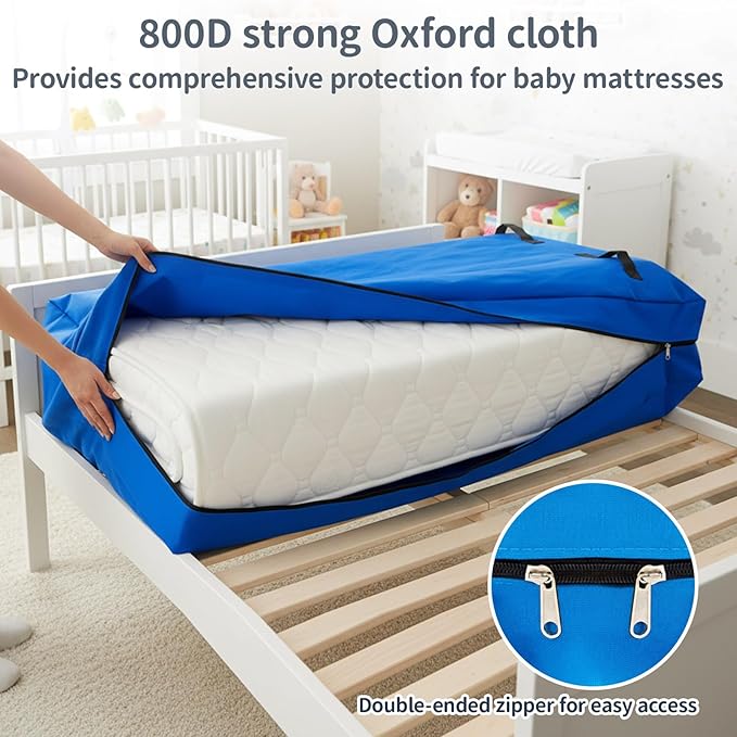 1 Pcs Oxford Cloth Waterproof Crib Mattress Storage Bag with Zipper and 8 Reinforced Handles Heavy Duty Reusable Crib Mattress Cover for Storage, 52.5 x 28 x 6.5 Inches (Blue)