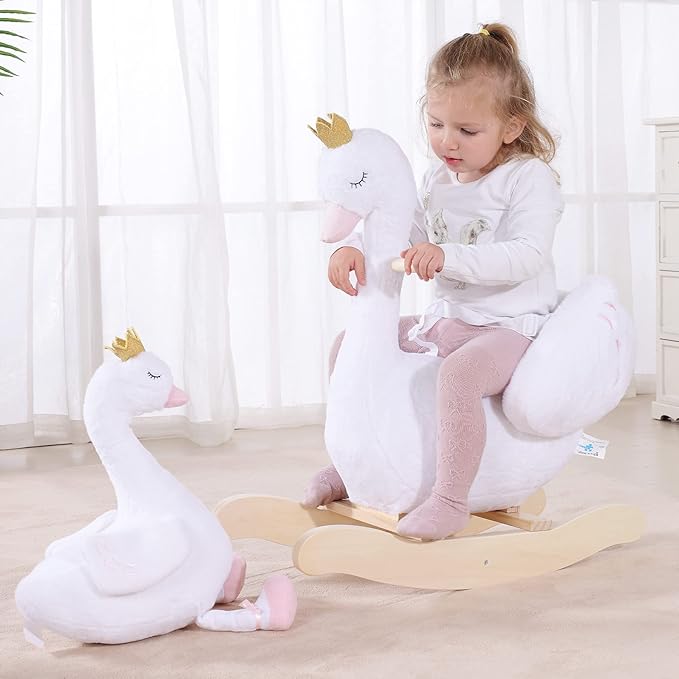 labebe Kids Rocking Horse White Swan with Little Plush Doll Toys, Stuffed Animal Wooden Rocker for Children 6 Months Boys and Girls/Nursery Christmas, Birthday Gift (Rocking Swan with Doll)
