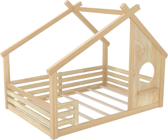 SOFTSEA Full Size Floor House Bed with Roof, Solid Wood Montessori Bed Frame with Slats and Guardrails, Kids Playhouse Floor Bed for Boys Girls, No Spring Box Needed, Natural