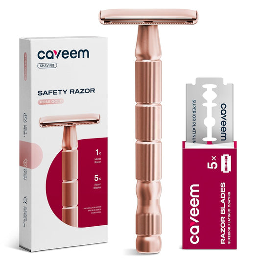 Rose Gold Double-Edge Safety Razor, Single-Blade Razors with 5 Stainless Steel Blades, Reusable Metal Razor for Men and Women