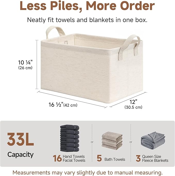StorageWorks Storage Bins, Shelves Baskets for Organizing, Large Fabric Closet Organizers with Handles, Metal Frame, Beige（Cotton-linen）, 2-Pack