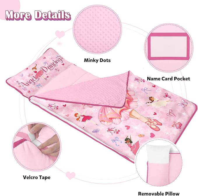 Toddler Nap Mat Kids Sleeping Bag 59"×24", Soft Slumber Bag with Removable Pillow and Blanket for Kids Girls Boys,Roll Up Sleeping Mat Thick for Camping,Daycare, Kindergarden