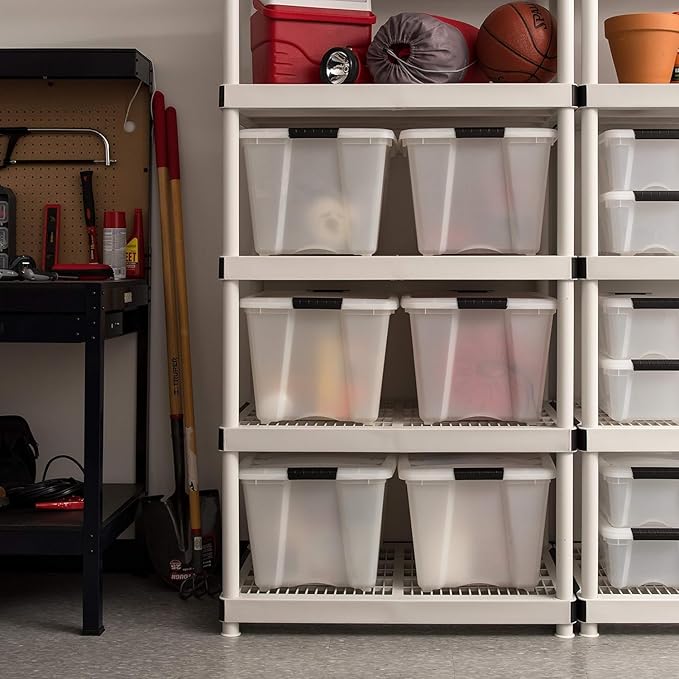 IRIS USA 54 Qt Stackable Plastic Storage Bins with Lids, 6 Pack - BPA-Free, Made in USA - Discreet Organizing Solution, Latches, Durable Nestable Containers, Secure Pull Handle - Pearl